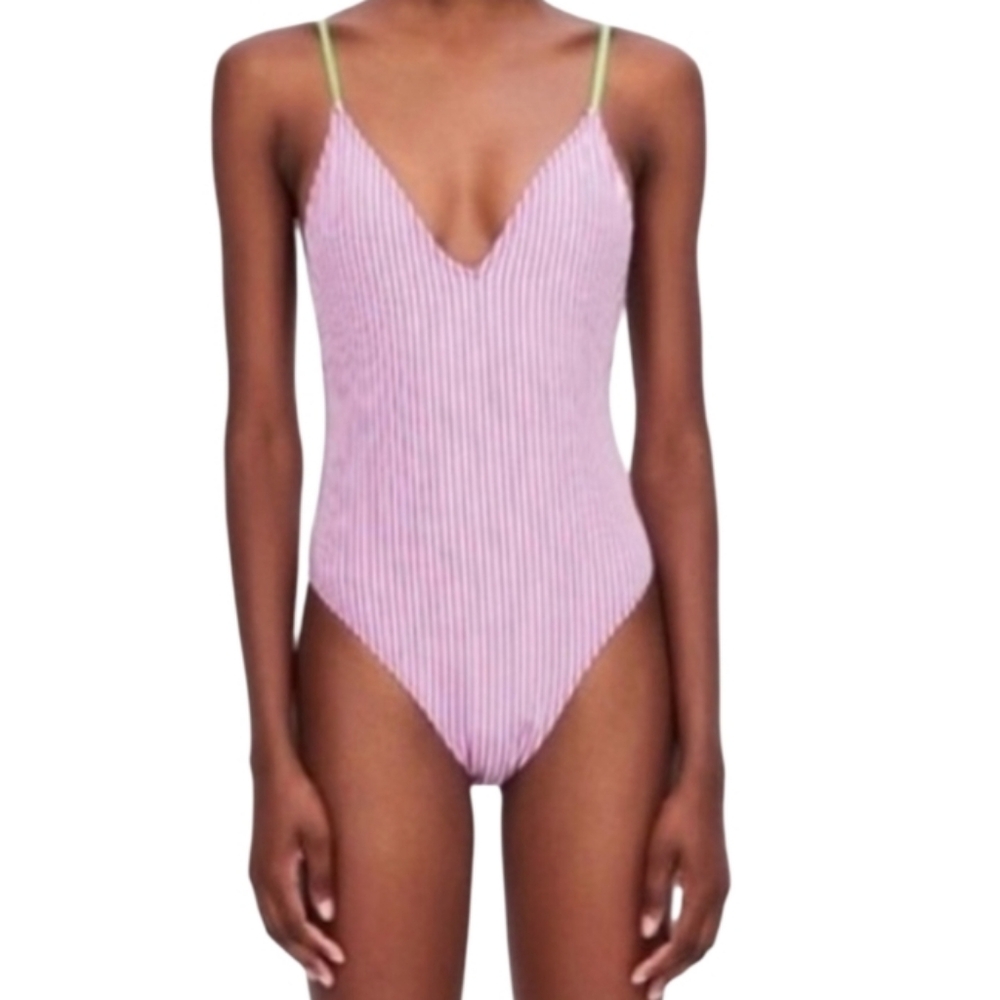 Zara PINK & WHITE STRIPED ONE PIECE SWIMSUIT SZ SMALL NWT - Picture 1 of 4
